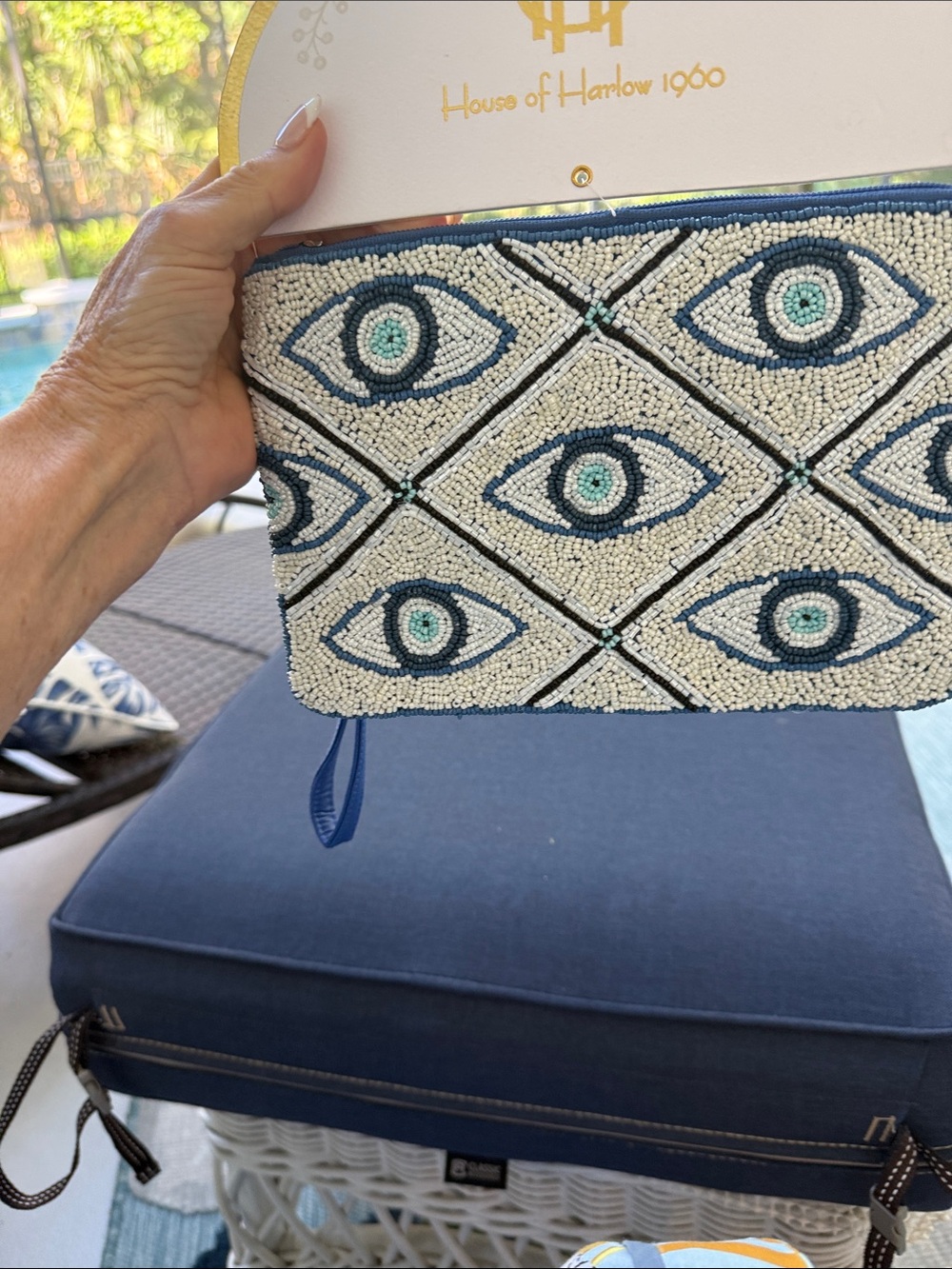 House of Harlow 1960 Beaded Eye Motif Wristlet in White, Blue & Teal